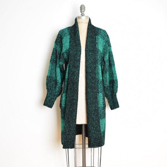 vintage 80s cardigan sweater coat green black buffalo plaid chunky oversized - Picture 3 of 9